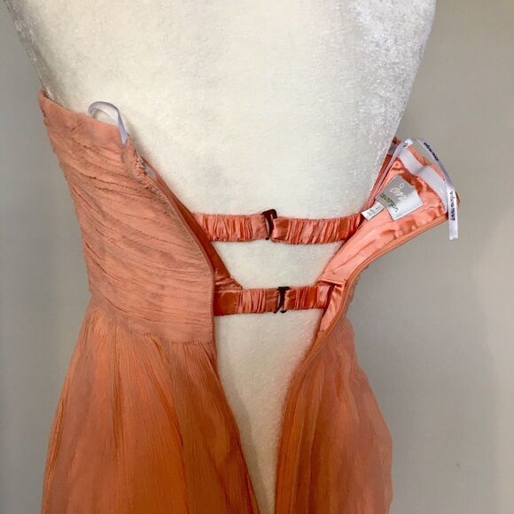 Donna Morgan Sz 2 Orange Coral Pink Dress Strapless Sweetheart Crinkle Silk - Picture 3 of 12
